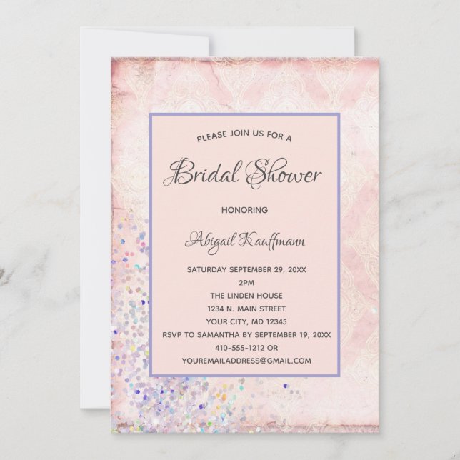 Invitación Glam Shabby Chic Pink White Purple Sparkles Brilla (Anverso)
