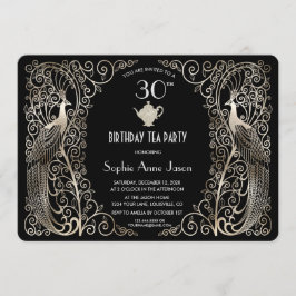 Invitación Glam Silver Art Deco Peacocks Birthday Tea Fiesta