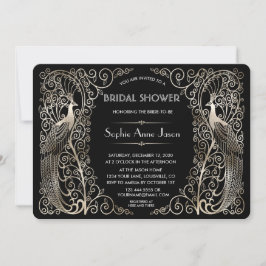 Invitación Glam Silver Art Deco Peacocks Bridal Shower