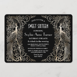 Invitación Glam Silver Art Deco Peacocks Dulce Dieciséis Fies