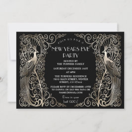Invitación Glam Silver Art Deco Peacocks Nochevieja