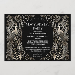 Invitación Glam Silver Art Deco Peacocks Nochevieja
