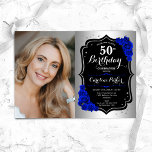 Invitación Glam Silver Black Royal Blue Photo 50 cumpleaños<br><div class="desc">Elegante invitación de 50 años floral femenina con tu foto. Diseño de vidrio con plata falsa. Presenta rosas de color azul real, fuente de escritura y confeti. Perfecto para un elegante fiesta de celebración de cumpleaños. Personaliza con tus propios detalles. ¡Se puede personalizar para cualquier edad! Invitaciones Zazzle impresas o...</div>