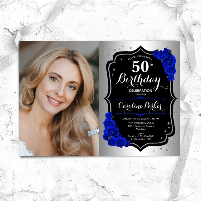 Invitación Glam Silver Black Royal Blue Photo 50 cumpleaños (Subido por el creador)