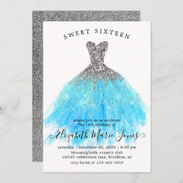 Invitación Glam Silver Blue Sparkle Vestido dulce 16 cumpleañ