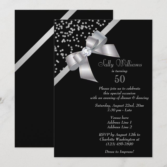 Invitación Glam Silver Confetti y Jewel Bow 50 cumpleaños (Anverso / Reverso)