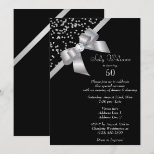 Invitación Glam Silver Confetti y Jewel Bow 50 cumpleaños