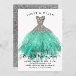 Invitación Glam Silver Mint Sparkle Vestido dulce 16 cumpleañ