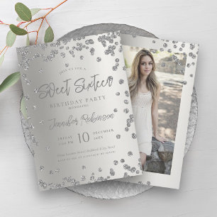 Invitación Glam Silver Moda Purpurina Foto Dulce 16