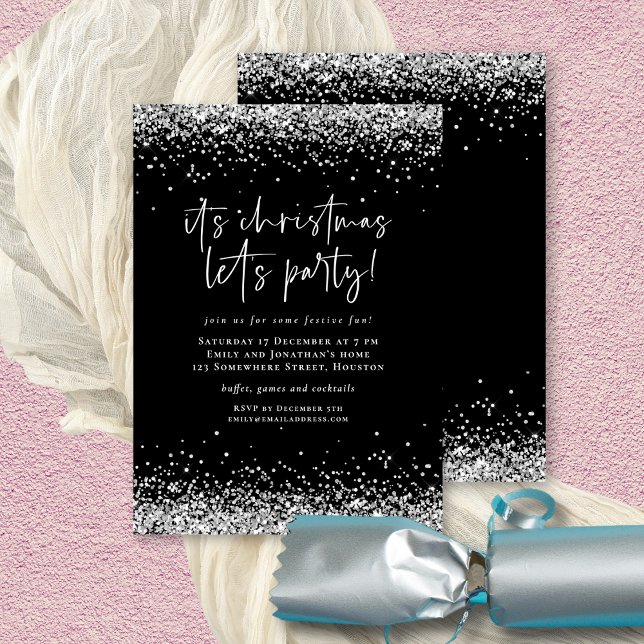 Invitación Glam Silver Purpurina Navidades deja Fiesta (Front and back view)