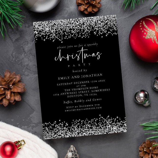 Invitación Glam Silver Purpurina Navidades Fiesta Negro (Available digitally and printed)