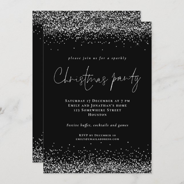 Invitación Glam Silver Purpurina Script Navidades Fiesta Negr (Anverso / Reverso)