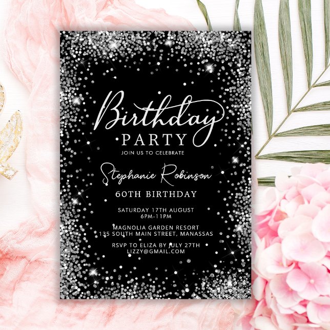 Invitación Glam Silver Purpurina y Black 60th Birthday (Subido por el creador)