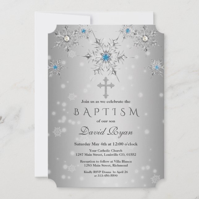 Invitación Glam Silver Snowflakes Crystal Blue Pearls Bautism (Anverso)