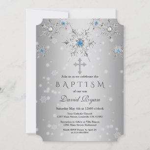 Invitación Glam Silver Snowflakes Crystal Blue Pearls Bautism