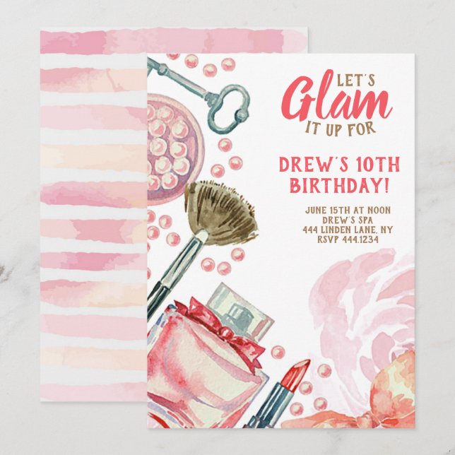 Invitación Glam Spa Makeup Birthday Party (Anverso / Reverso)