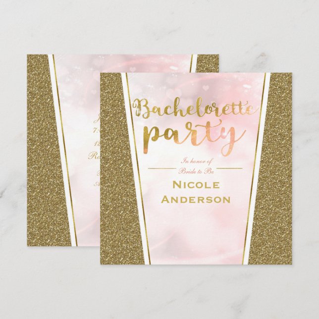 Invitación Glam Sparkle Bachelorette, Purpurina de Oro Rosa (Anverso / Reverso)