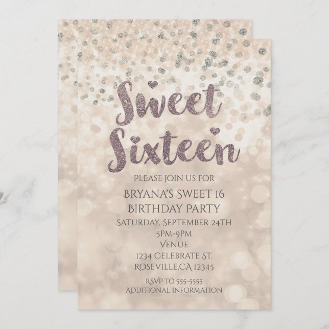 Invitación Glam Sparkle Confetti Sweet 16 Birthday Invitation (Anverso / Reverso)