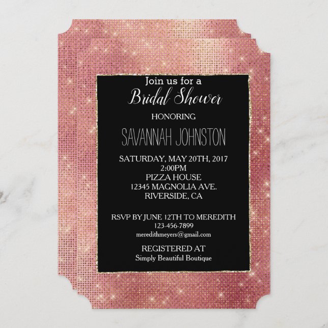 Invitación Glam Sparkle de oro rosa (Anverso / Reverso)