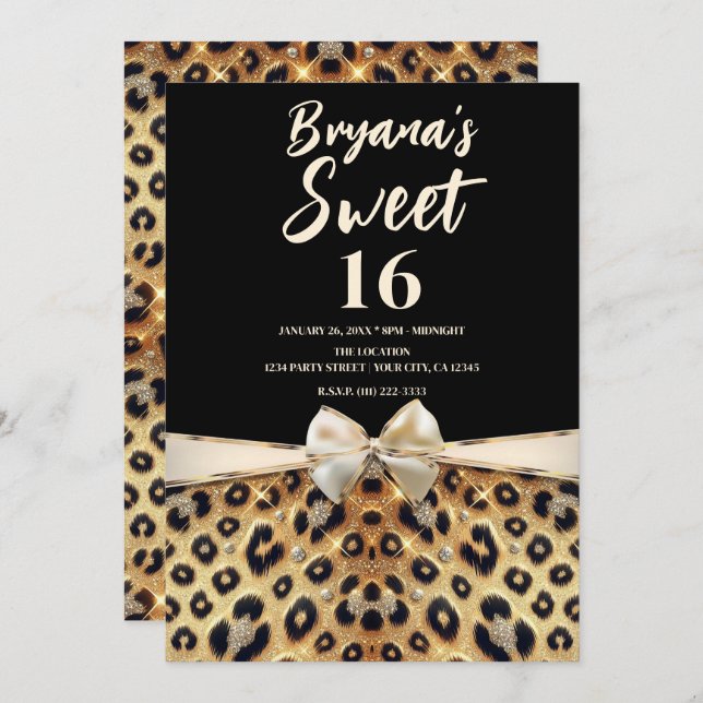 Invitación Glam Sparkle Gold Black Leopard Print Sweet 16 (Anverso / Reverso)