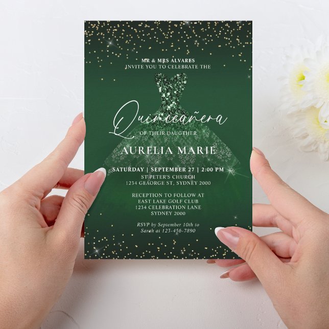 Invitación Glam Sparkle Gold Green Princess Vestido Quinceane (Subido por el creador)