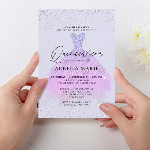 Invitación Glam Sparkle Gold Lilac Princesa Vestido Quinceane