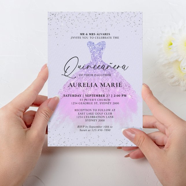 Invitación Glam Sparkle Gold Lilac Princesa Vestido Quinceane (Subido por el creador)
