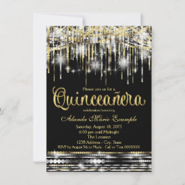 Invitación Glam Sparkle, Purpurina de Quinceanera Negra y Oro