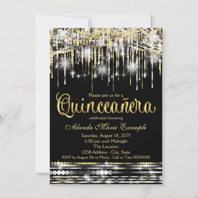 Invitación Glam Sparkle, Purpurina de Quinceanera Negra y Oro (Anverso)