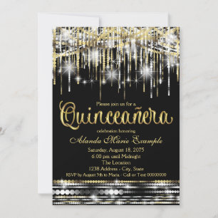 Invitación Glam Sparkle, Purpurina de Quinceanera Negra y Oro