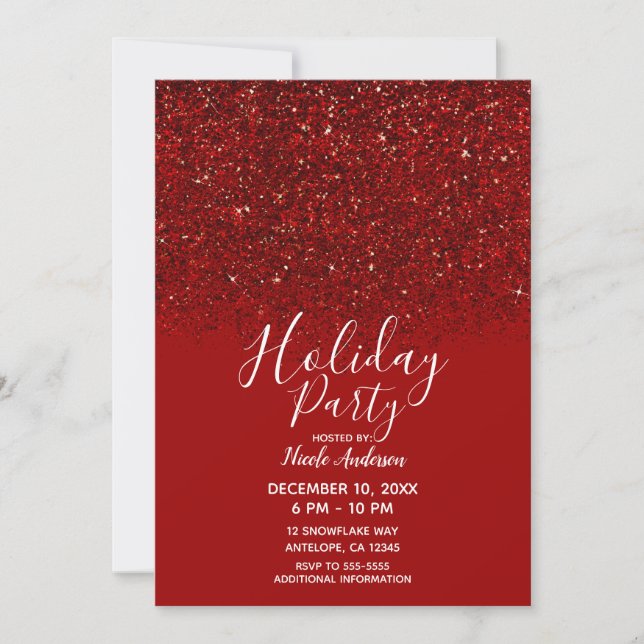 Invitación Glam Sparkle Purpurina Rojo Elegante Fiesta de Vac (Anverso)