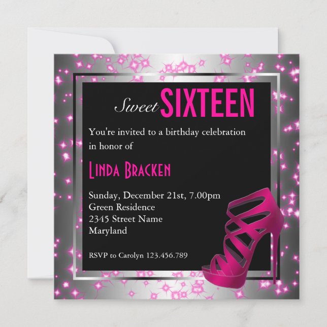 Invitación Glam Sparkling Rosa High Heel Dulce Dieciséis Invi (Anverso)