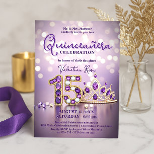 Invitación Glam Sparkling Rubor Pink Purple Tiara Quinceañera