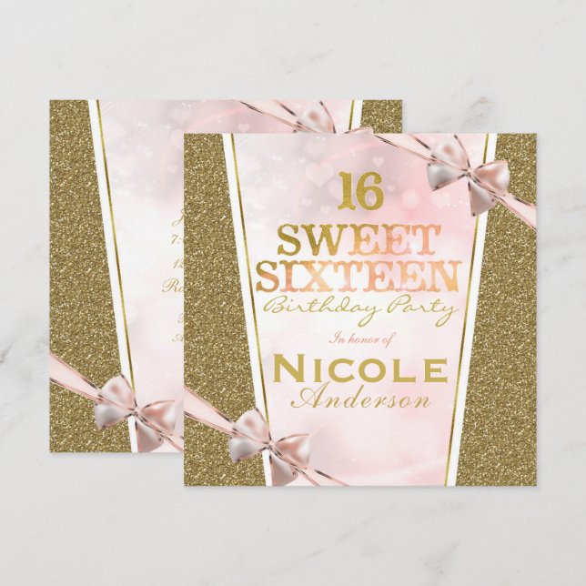 Invitación Glam Sweet 16 Bow Purpurina de Oro Rosado (Anverso / Reverso)