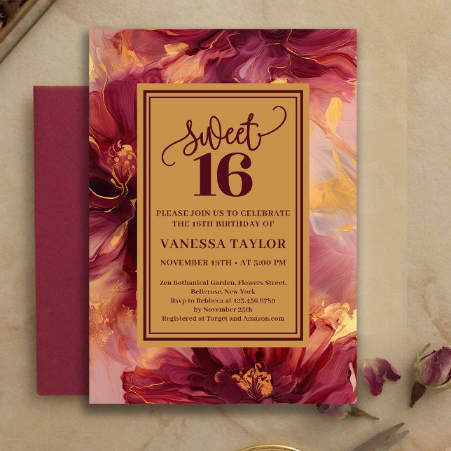 Invitación Glam Sweet 16 Burgundy Gold Watercolor Invitation (Glam Sweet 16 Burgundy Gold Watercolor Invitation)