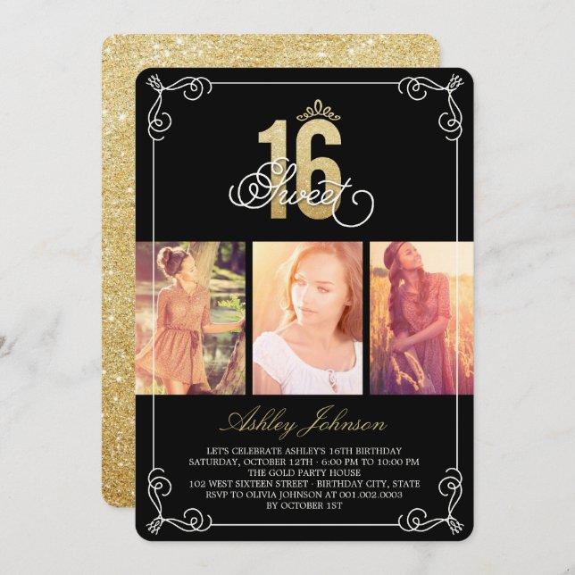 Invitación Glam Sweet 16 Photo Birthday Party (Anverso / Reverso)
