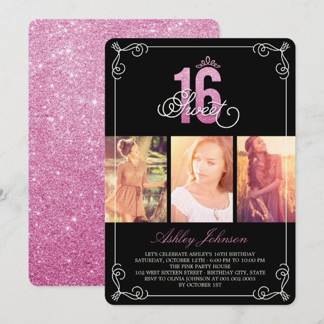 Invitación Glam Sweet 16 Photo Birthday Party (Anverso / Reverso)