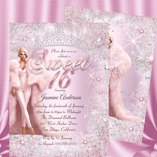 Invitación Glam Sweet 16 Pink Silver Winter Wonderland Tiara (Subido por el creador)