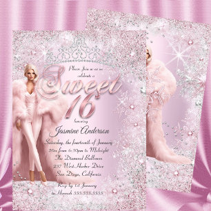 Invitación Glam Sweet 16 Rosa Plata Tiara Invierno Mágico 