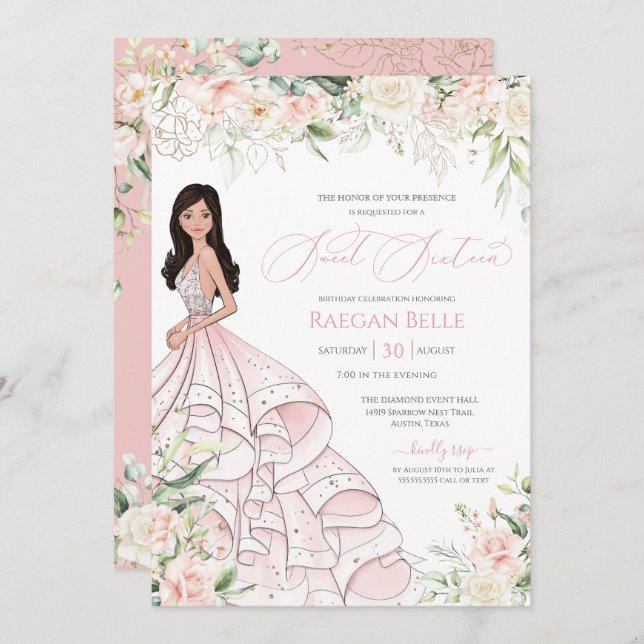 Invitación Glam Sweet de Rubor Pink White Roses de Lujo Dieci (Anverso / Reverso)