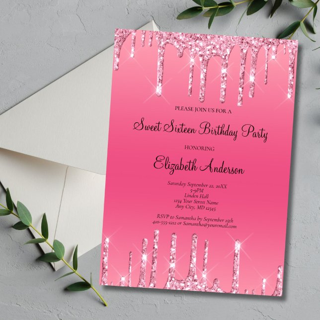 Invitación Glam Sweet, Purpurina de goteo rosa, 16 cumpleaños (Pink Dripping Glitter Sweet Sixteen Birthday Party Invitation, Bling Glam, Printed or Digital )