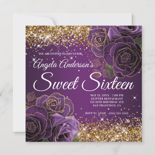 Invitación Glam Sweet, Purpurina de oro morado floral, diecis (Anverso)