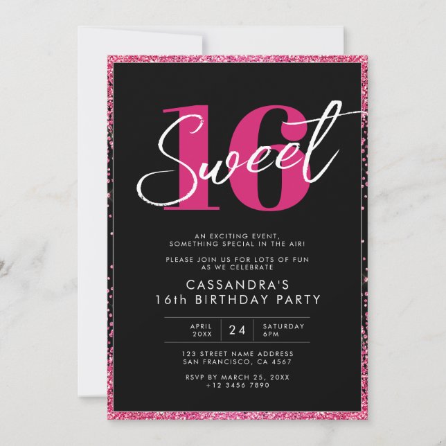 Invitación Glam Sweet, Purpurina Rosa Negro, Cumpleaños (Anverso)