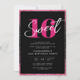 Invitación Glam Sweet, Purpurina Rosa Negro, Cumpleaños