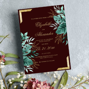 Invitación Glam tropical burgundy purpurina boda floral