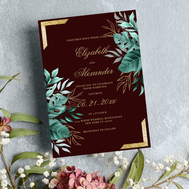 Invitación Glam tropical burgundy purpurina boda floral (Glam tropical burgundy gold glitter floral wedding)
