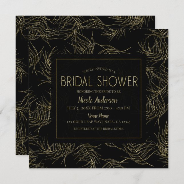 Invitación Glam tropical negro y oro deja ducha de novia (Anverso / Reverso)