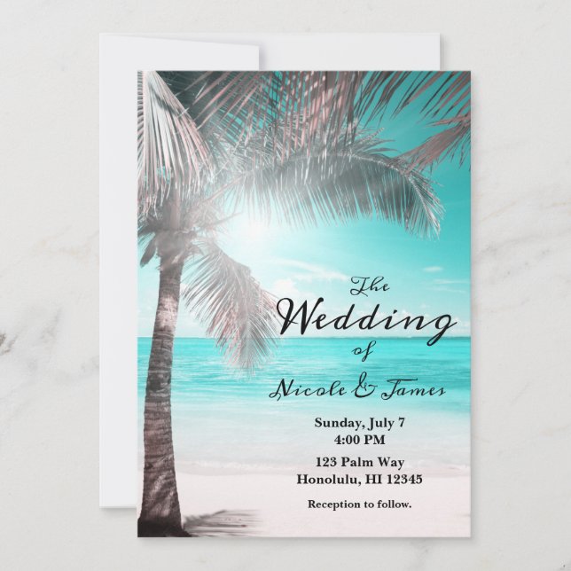 Invitación Glam Tropical Pink Aqua Blue Beach Boda (Anverso)