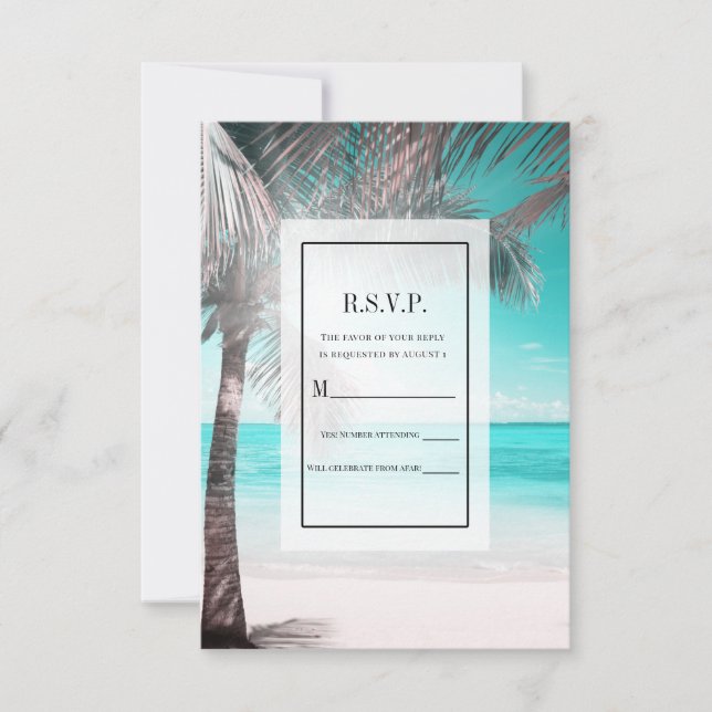 Invitación Glam Tropical Pink Aqua Blue Beach Palm Respuesta  (Anverso)