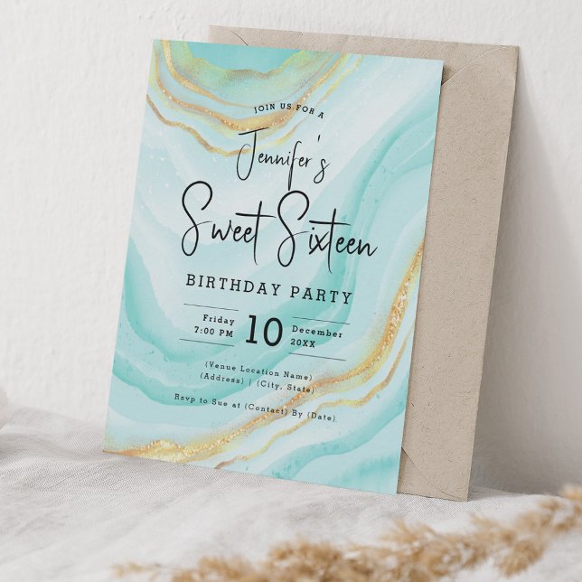 Invitación Glam Turquoise Marble Purpurina Sweet 16 Fiesta (Glam Turquoise Marble Glitter Sweet 16 Party Invitation)